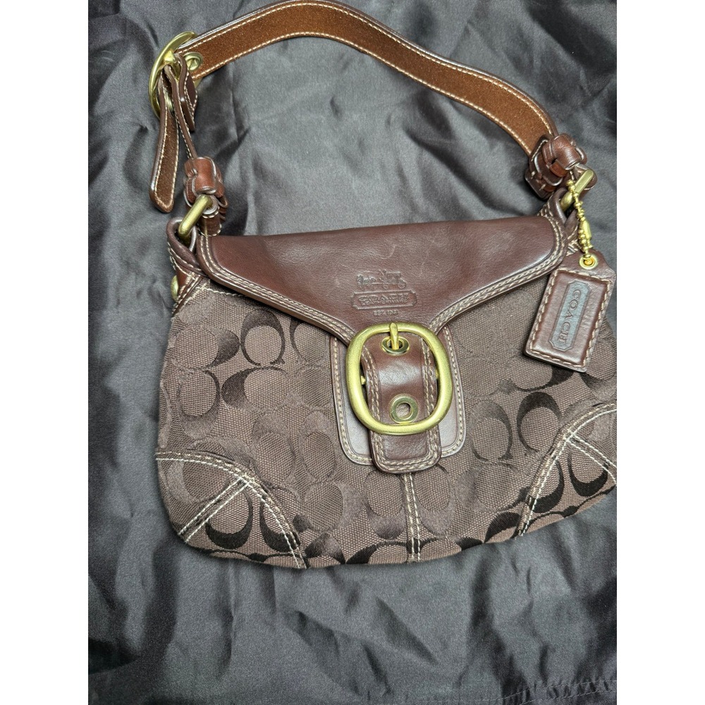Y2K Coach Brown Signature Canvas Leather Trim Shoulder Bag Purse Authentic